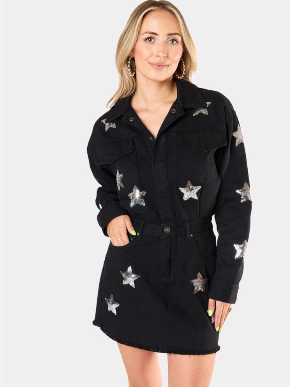 New With Tags Buddy Love Raelyn Denim mini dress Size M black with sequin stars